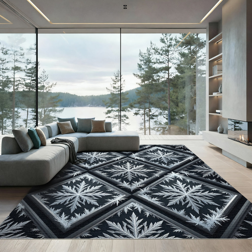 Elegant Silver Snowflake Geometric Grid Rug