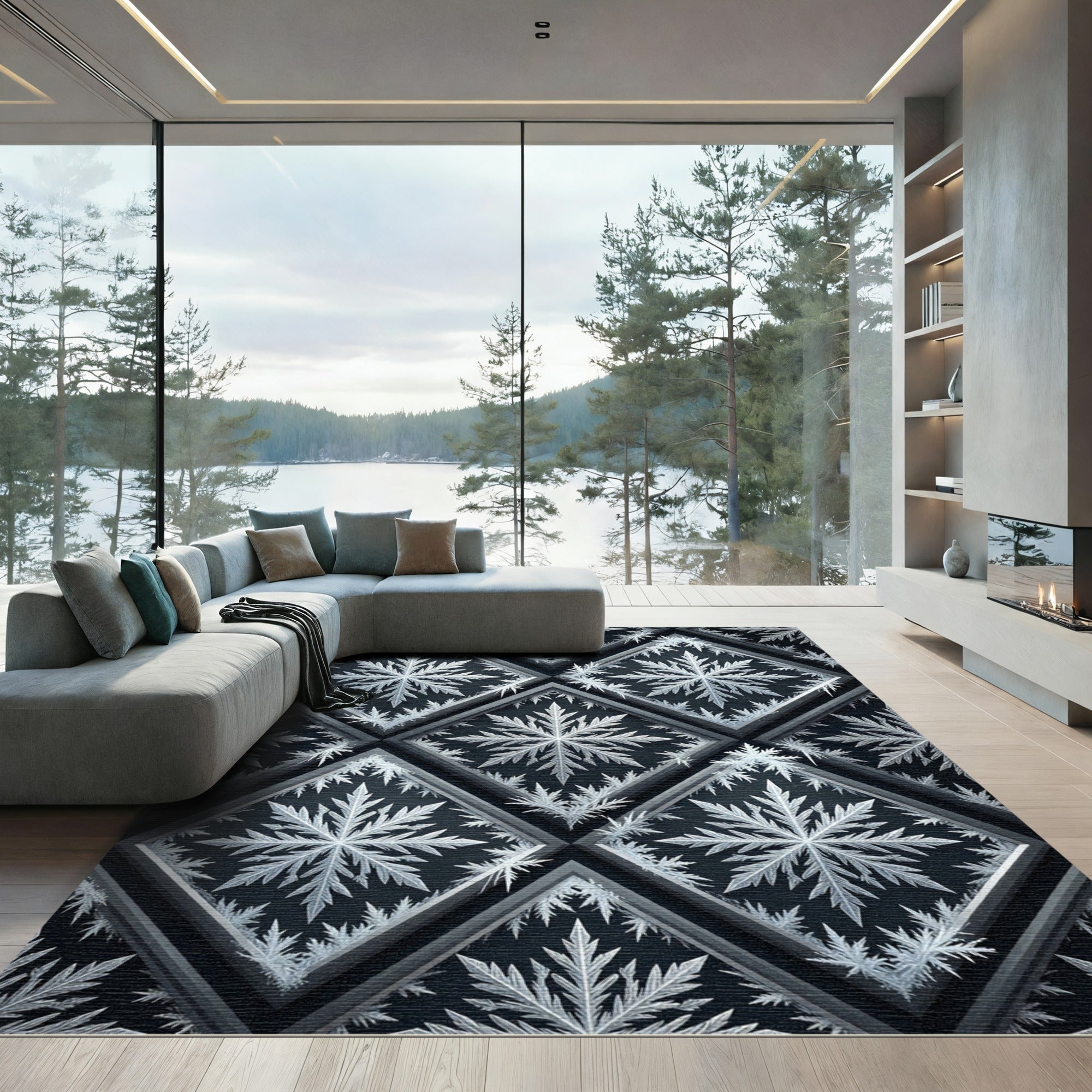 Elegant Silver Snowflake Geometric Grid Rug