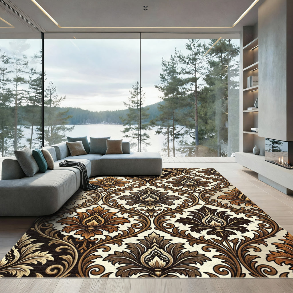 Elegant Bronze Damask Scrolling Foliage Rug