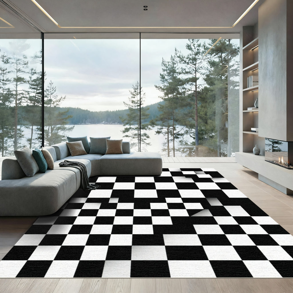 Monochrome Geometric Abstract Checkerboard Square Rug