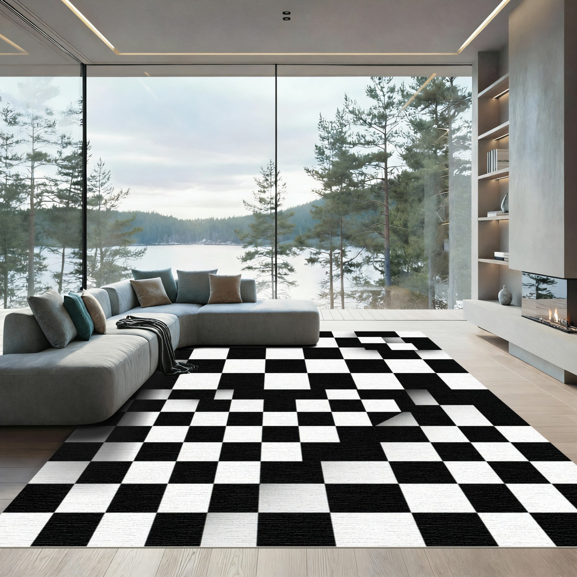 Monochrome Geometric Abstract Checkerboard Square Rug