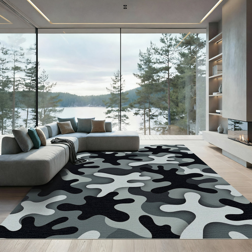Modern Monochrome Camouflage Abstract Area Rug