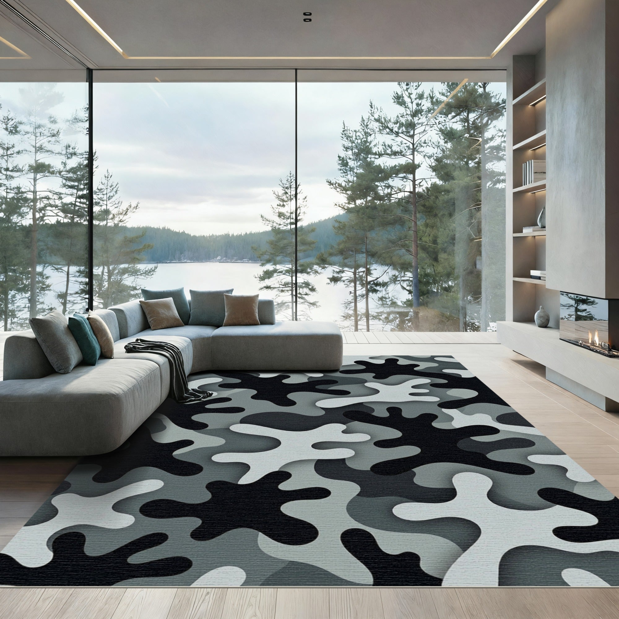 Modern Monochrome Camouflage Abstract Area Rug