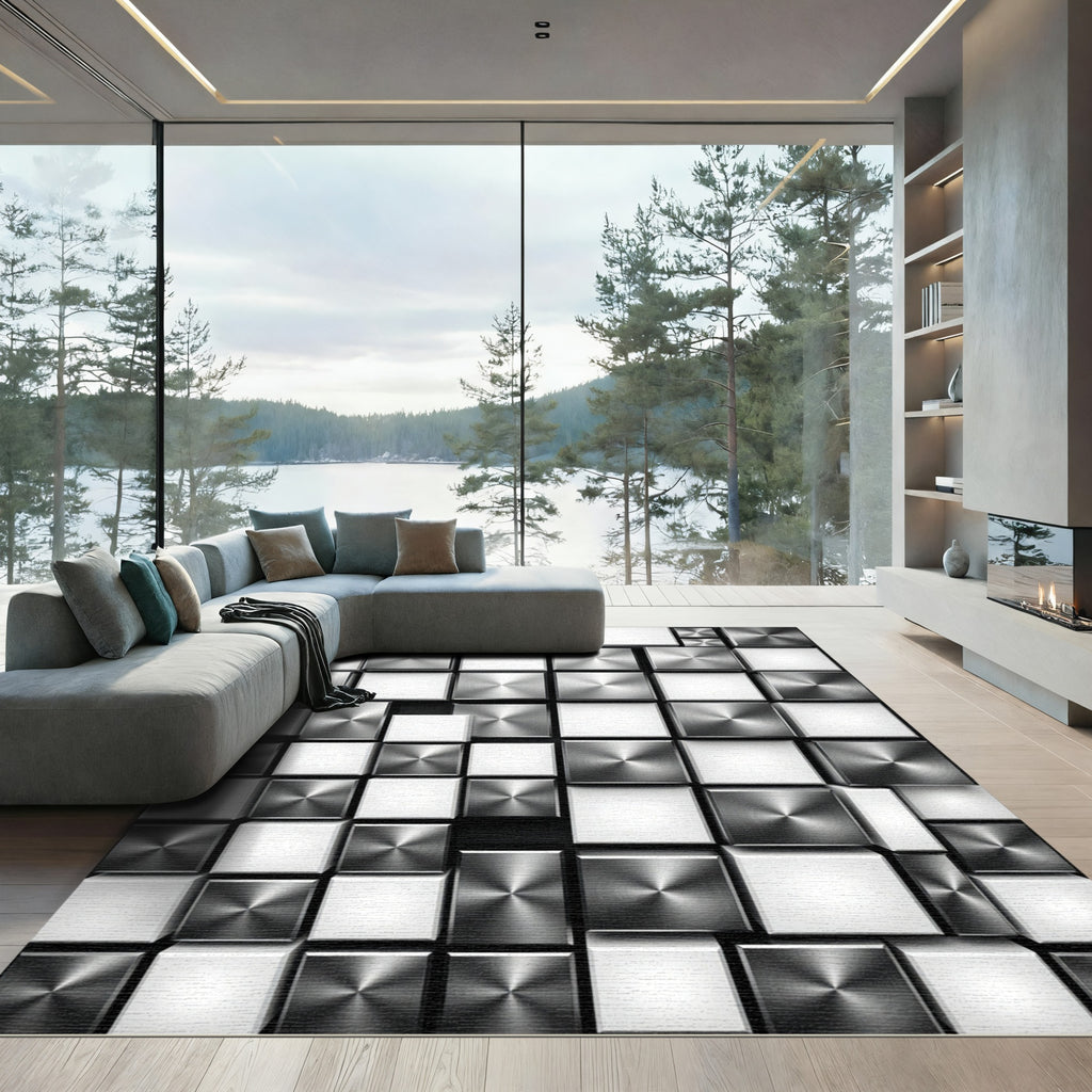 Modern Metallic Geometric Cubes Rug