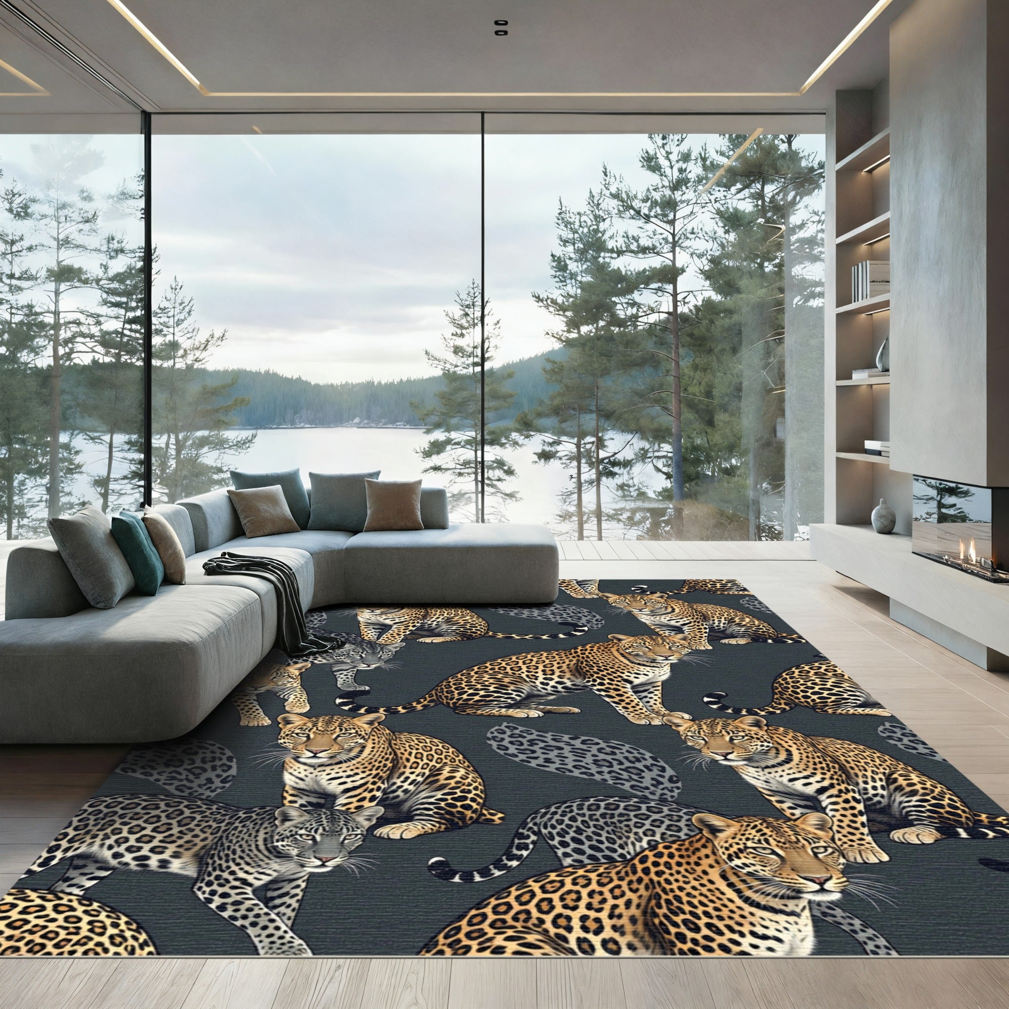 Majestic Golden Leopard Charcoal Landscape Rug