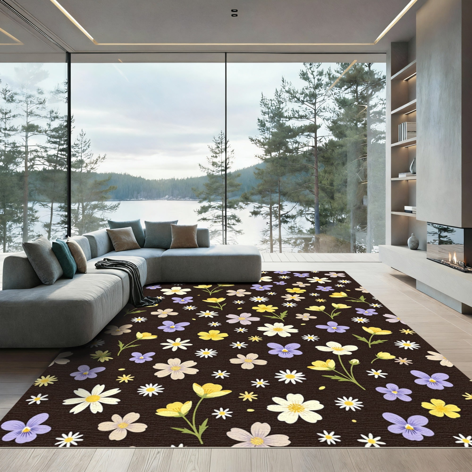 Whimsical Floral Meadow Dark Background Rug