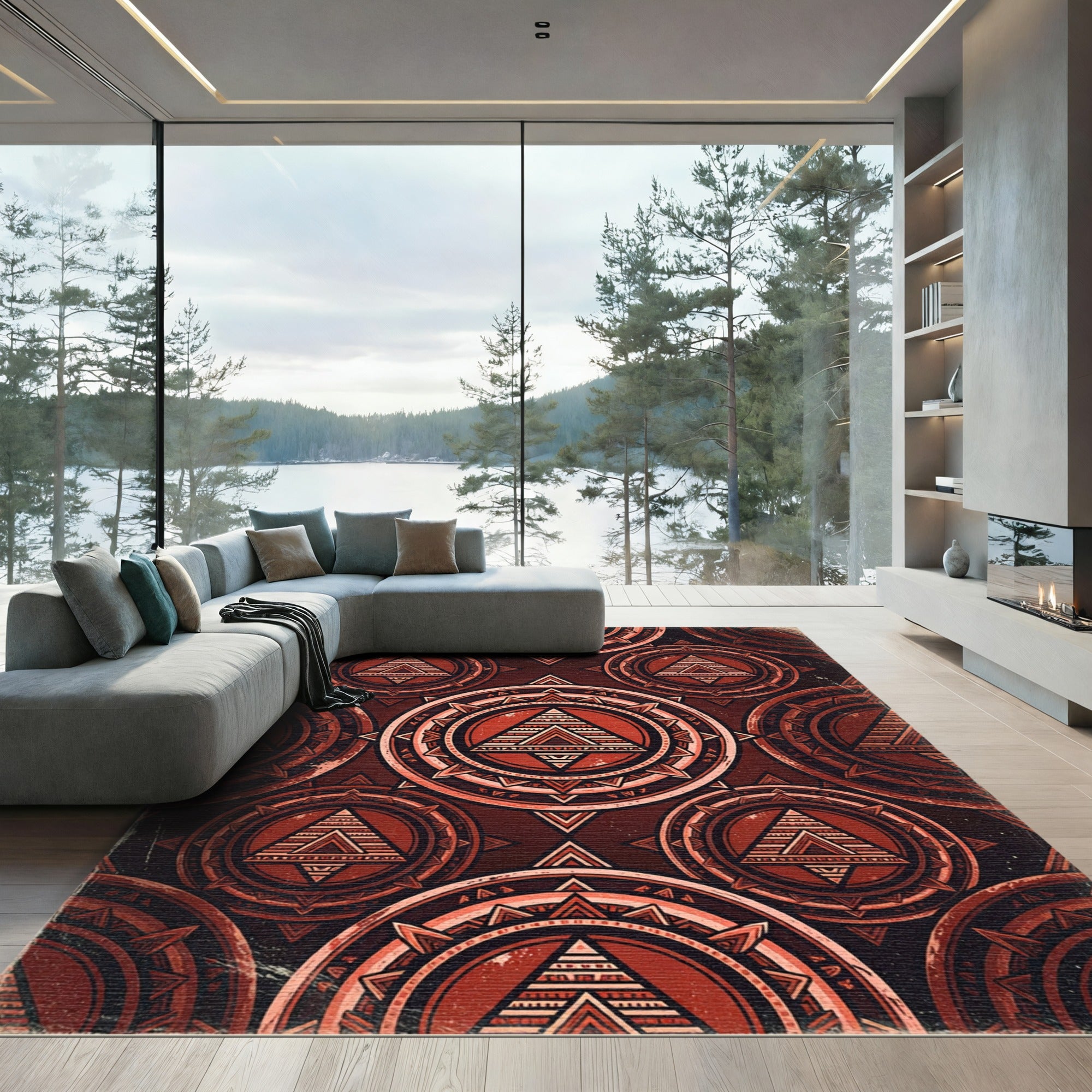 Geometric Crimson Ancient Sacred Symbol Area Rug