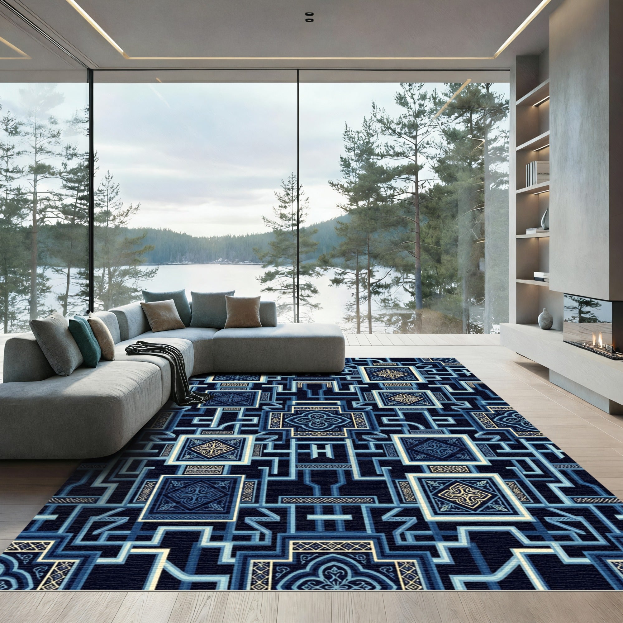 Geometric Indigo Blue Interlocking Tile Rug