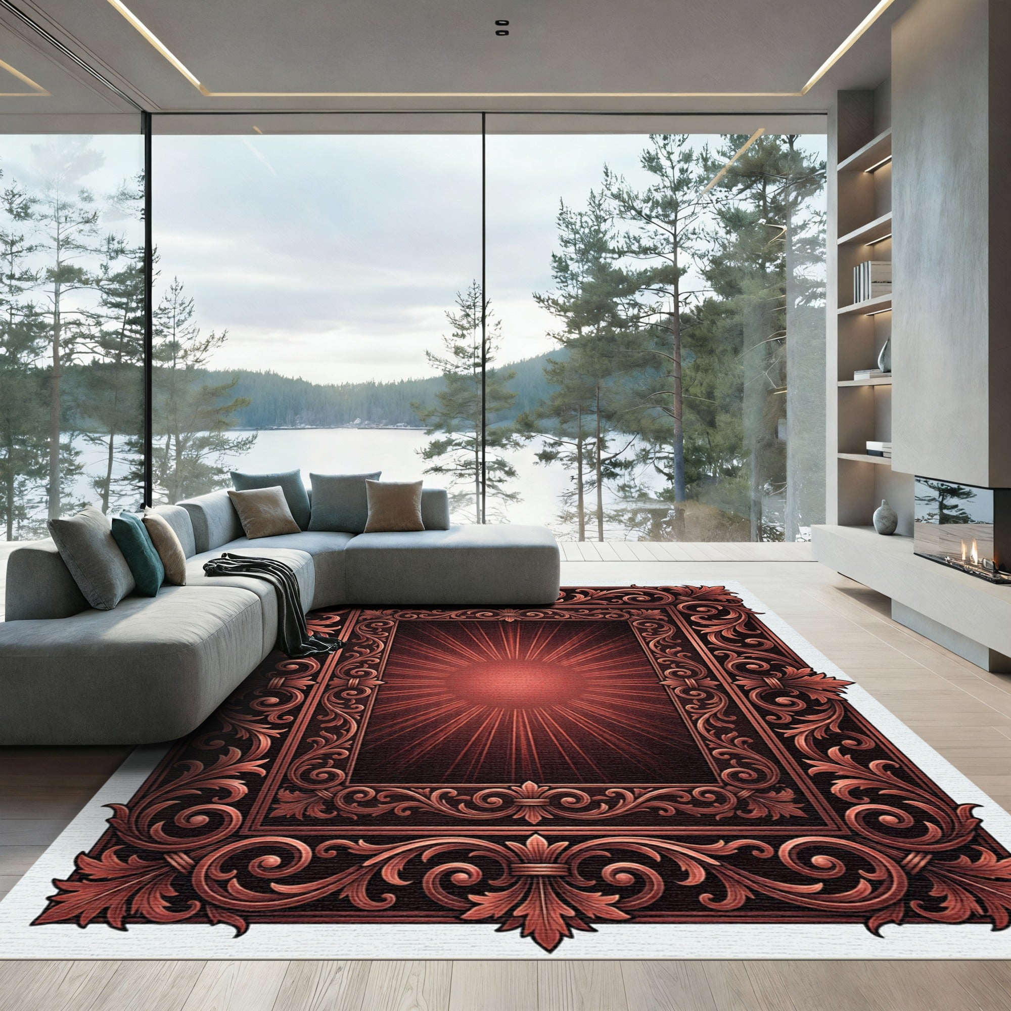 Ornate Copper Floral Baroque Medallion Rug