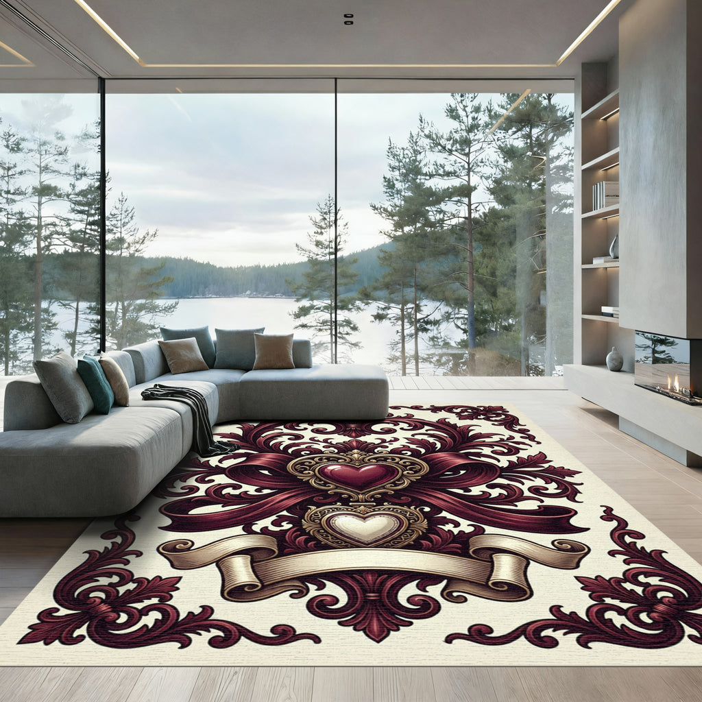 Ornate Burgundy Heart Victorian Filigree Rug