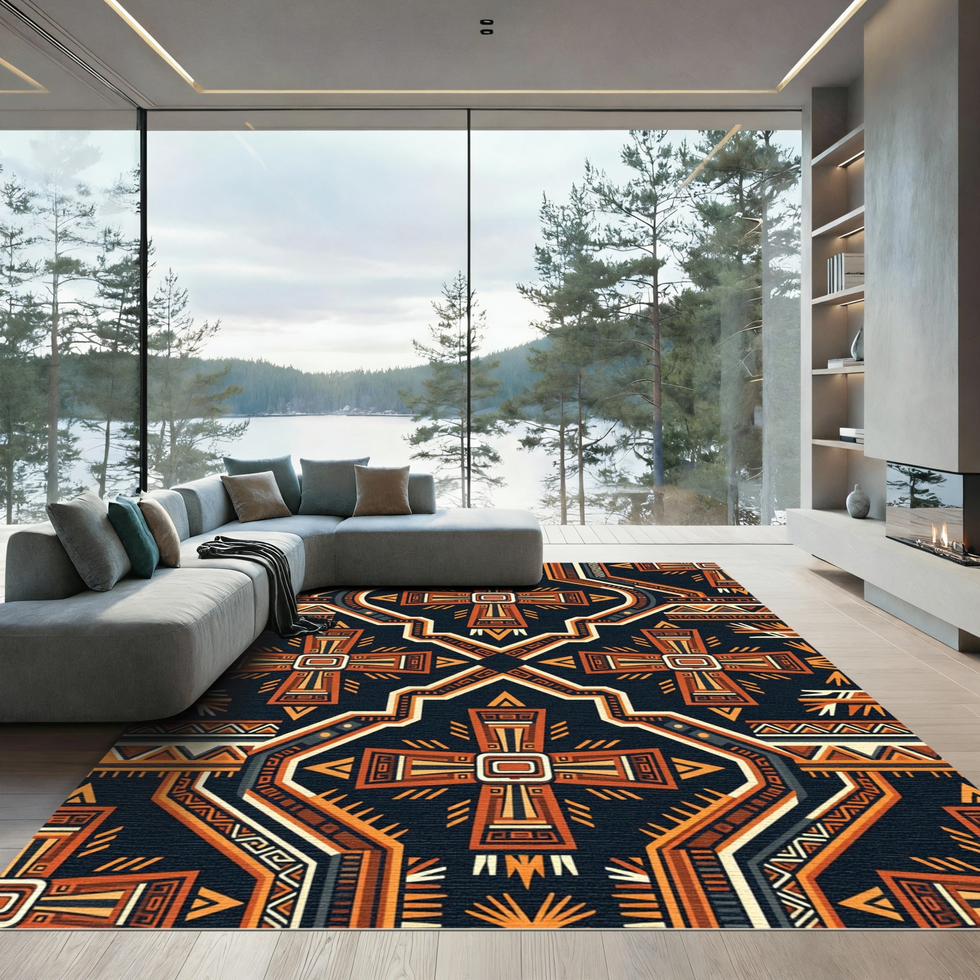Geometric Terracotta Aztec Cross Rug