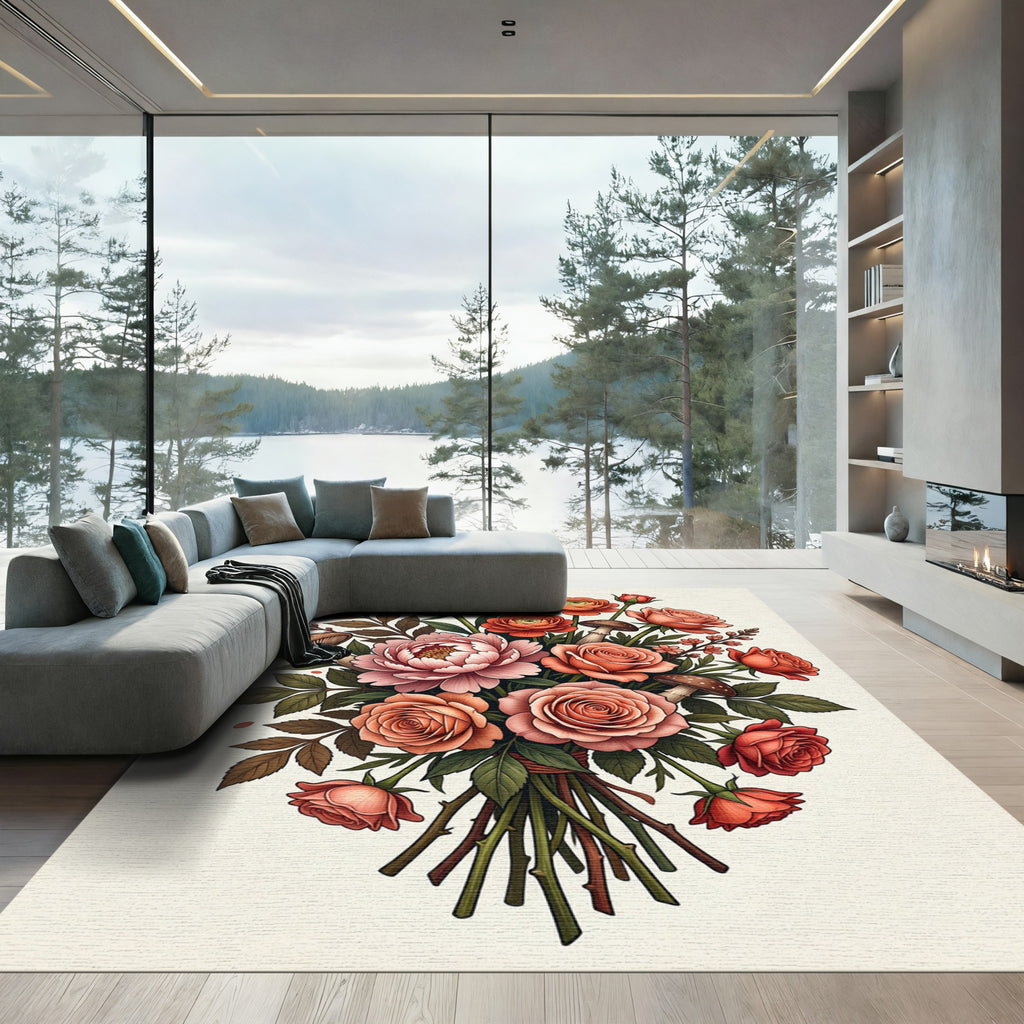 Earthy Peach Rose and Mushroom Bouquet Rug