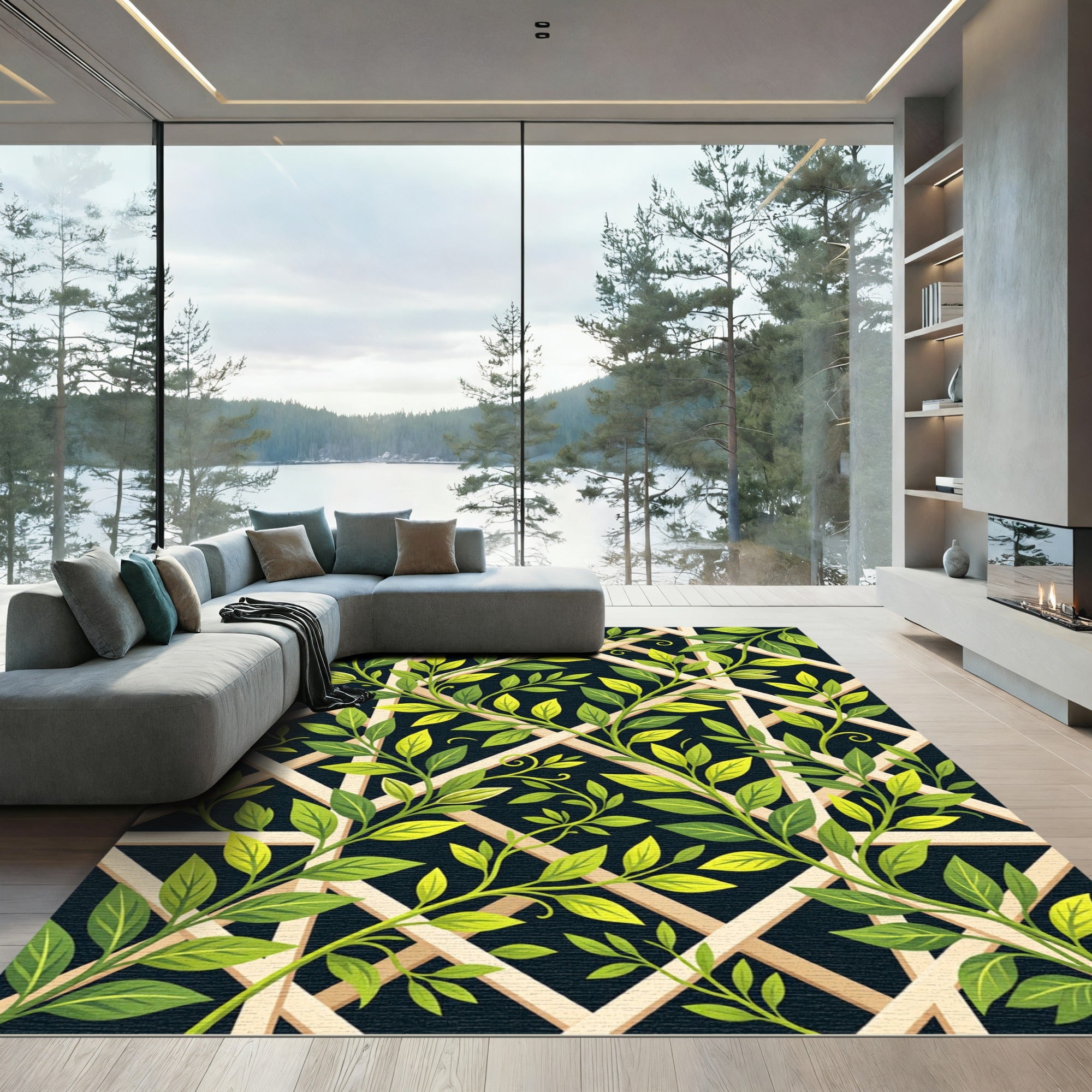 Lush Green Ivy Lattice Trellis Rug