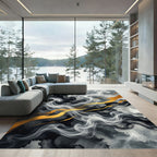 Elegant Monochrome Smoke with Golden Swirls Rug