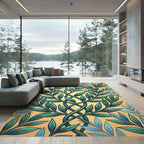 Intertwined Botanical Leaves in Golden Teal Rug