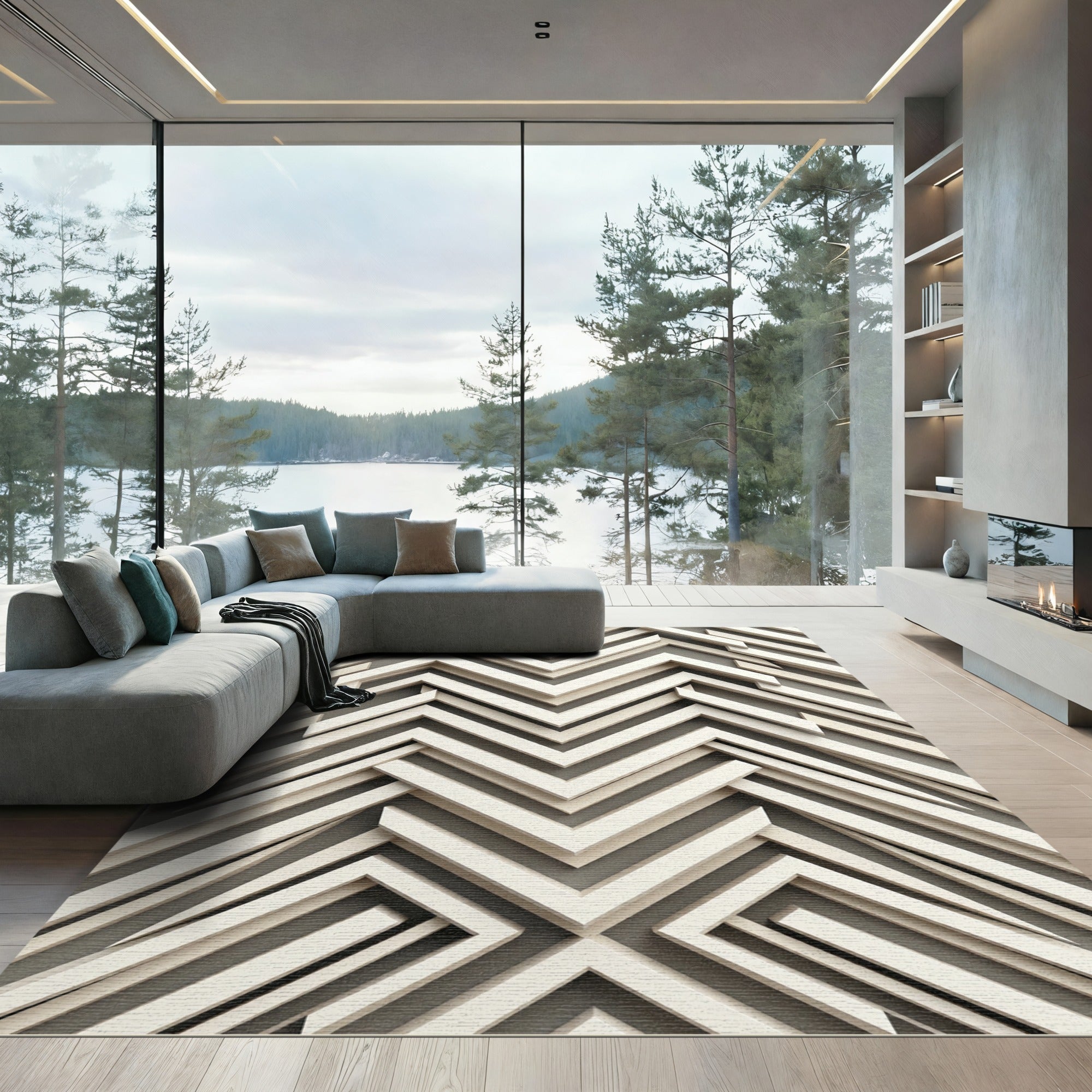 Layered Ivory Chevron Angles Rug