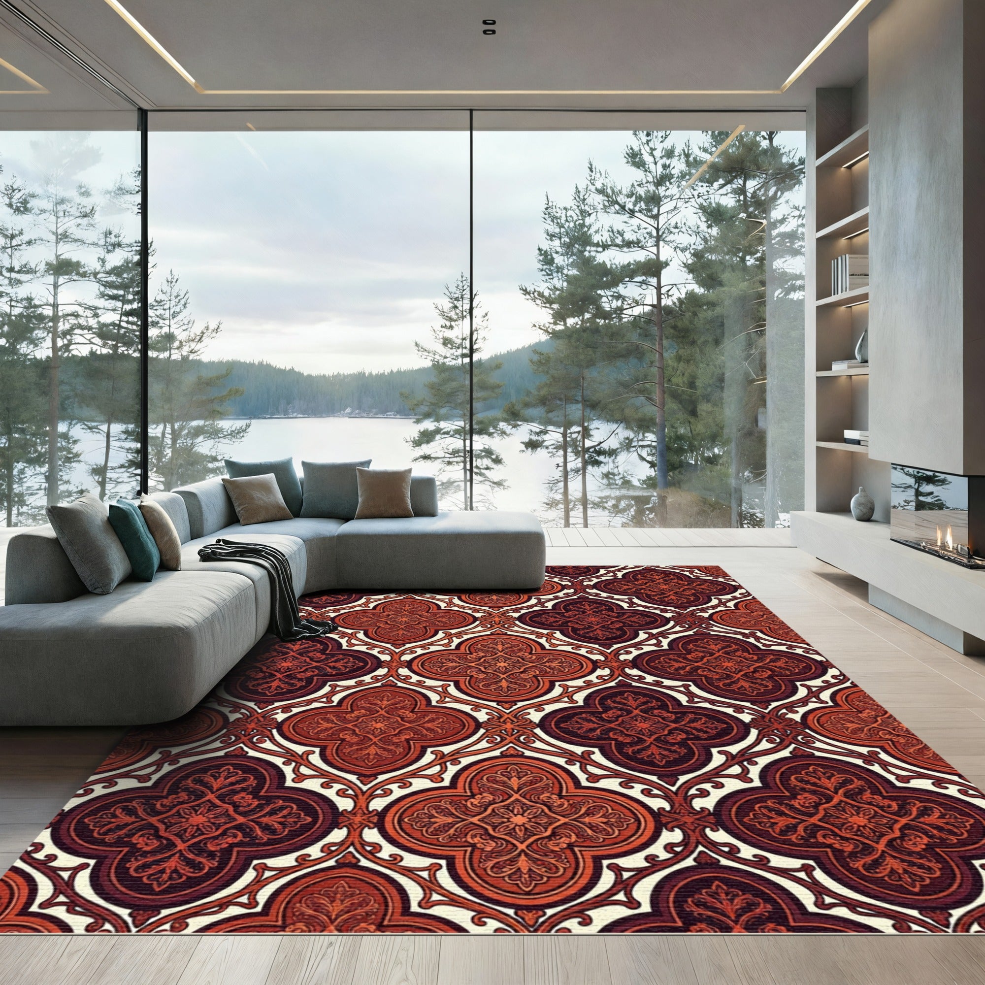 Ornate Crimson Quatrefoil Inlay Rug