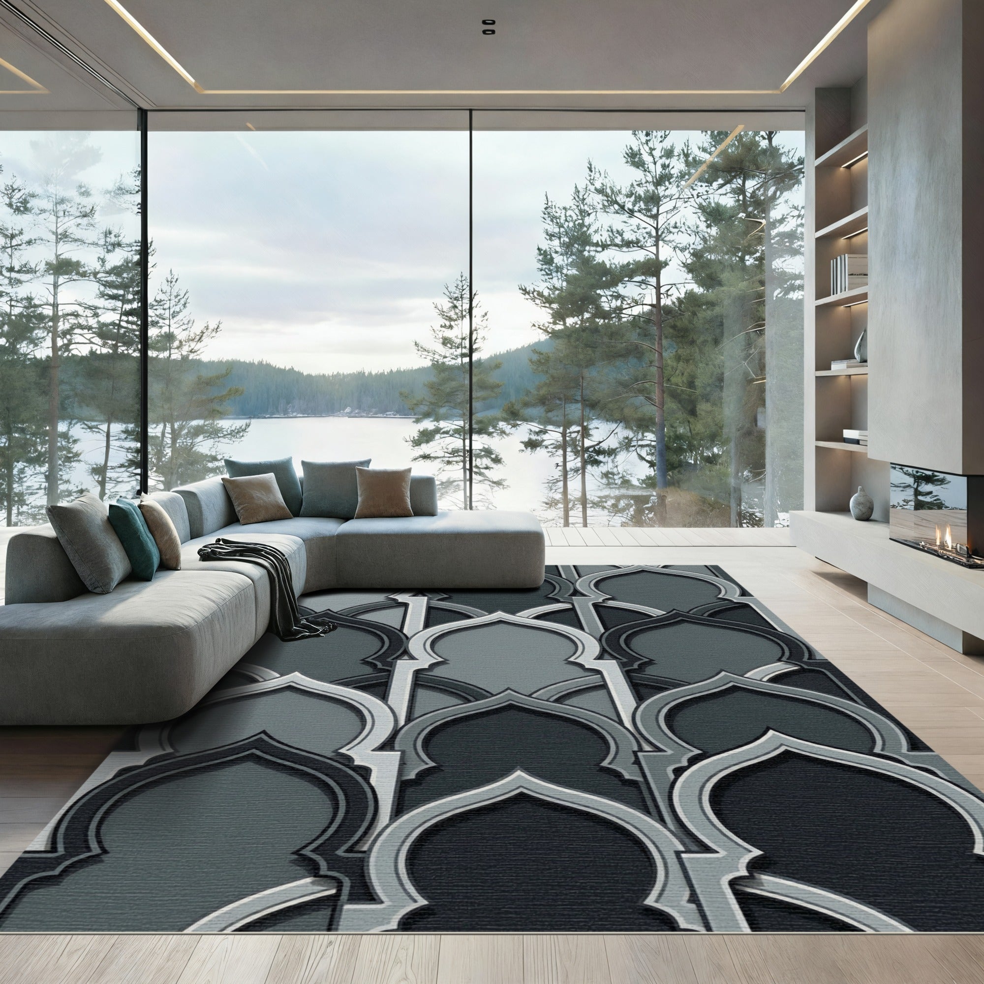 Monochromatic Arabesque Archway Pattern Rug