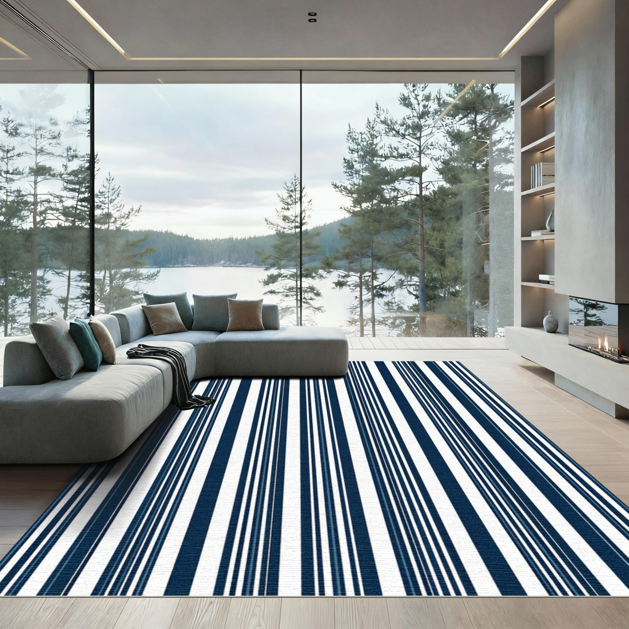 Classic Navy White Vertical Stripes Rug