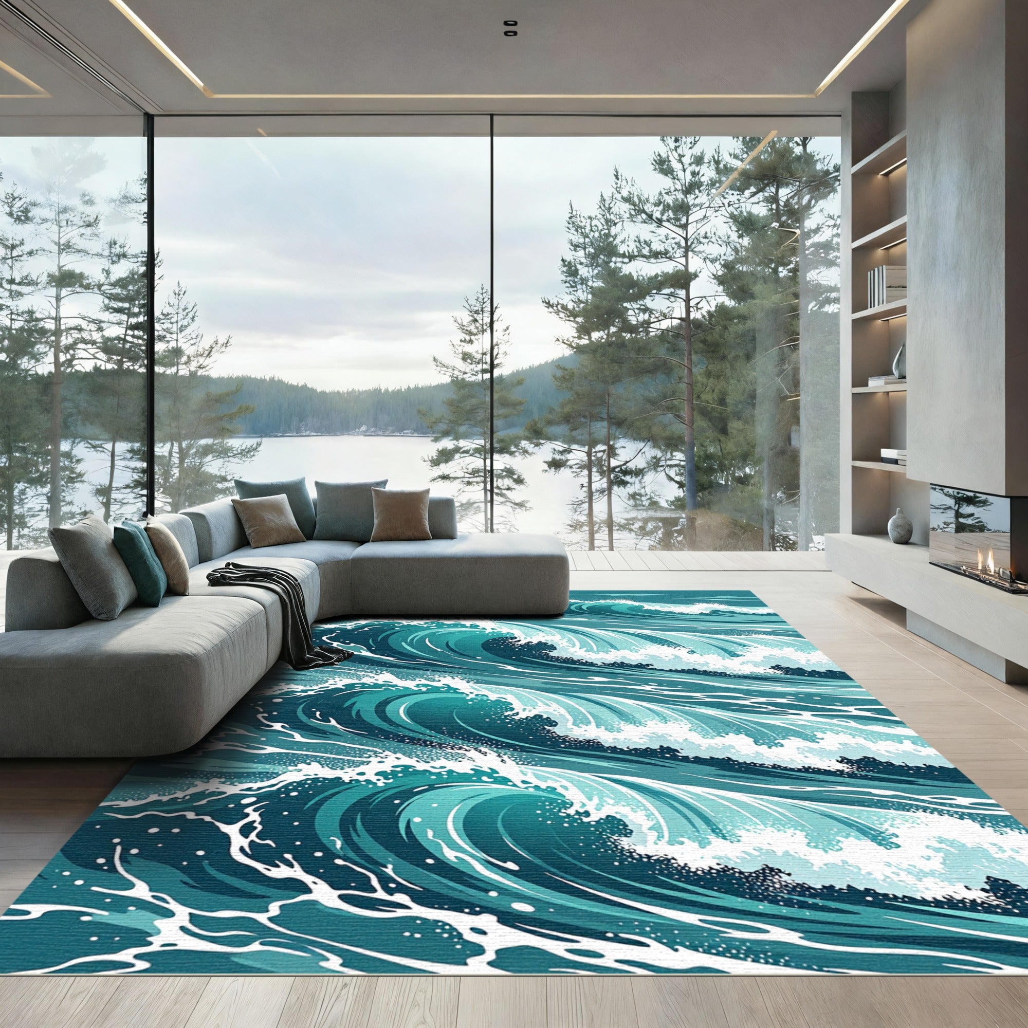 Deep Teal Rolling Ocean Waves Rug