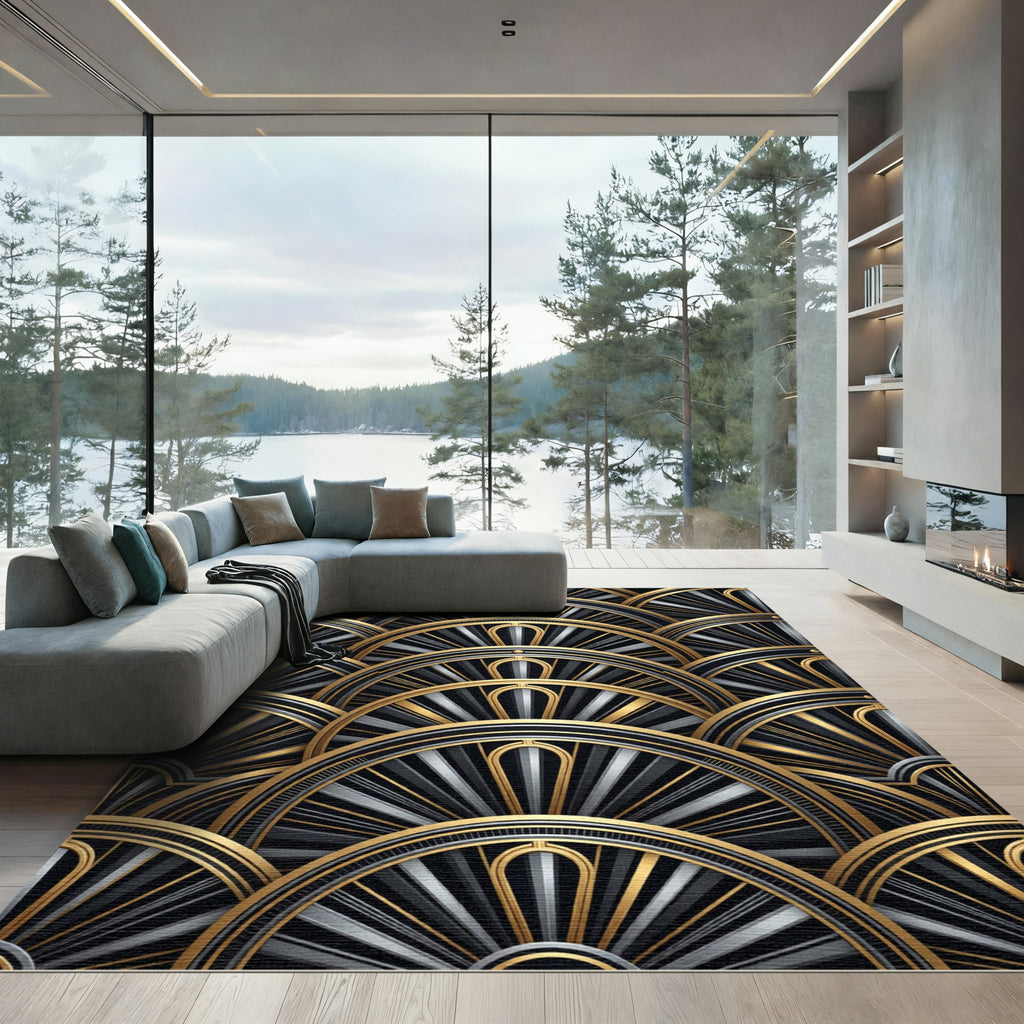 Art Deco Golden Black Sunburst Rug
