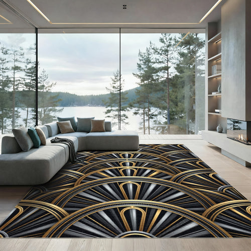 Art Deco Golden Black Sunburst Rug