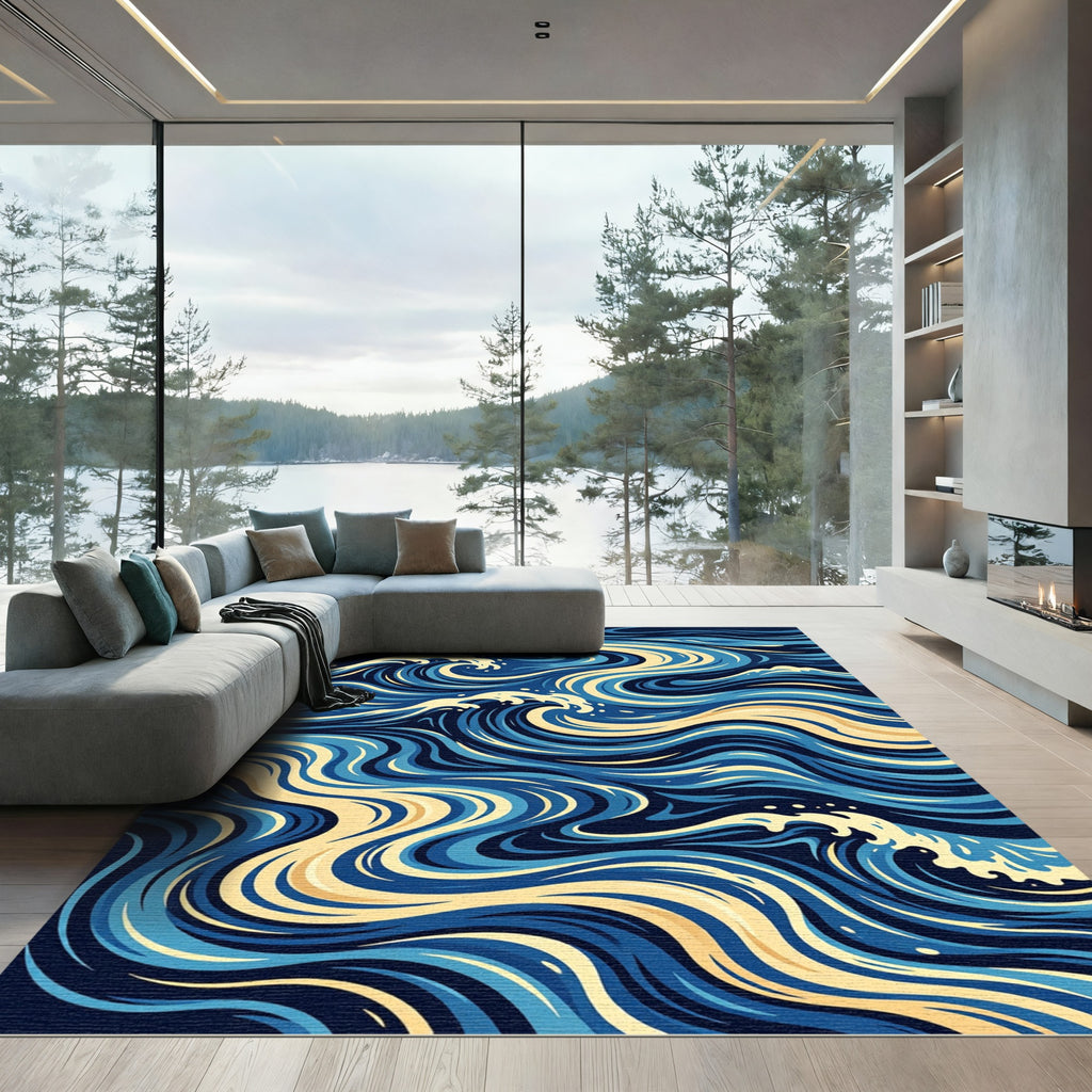 Dynamic Blue Yellow Coastal Waves Rug