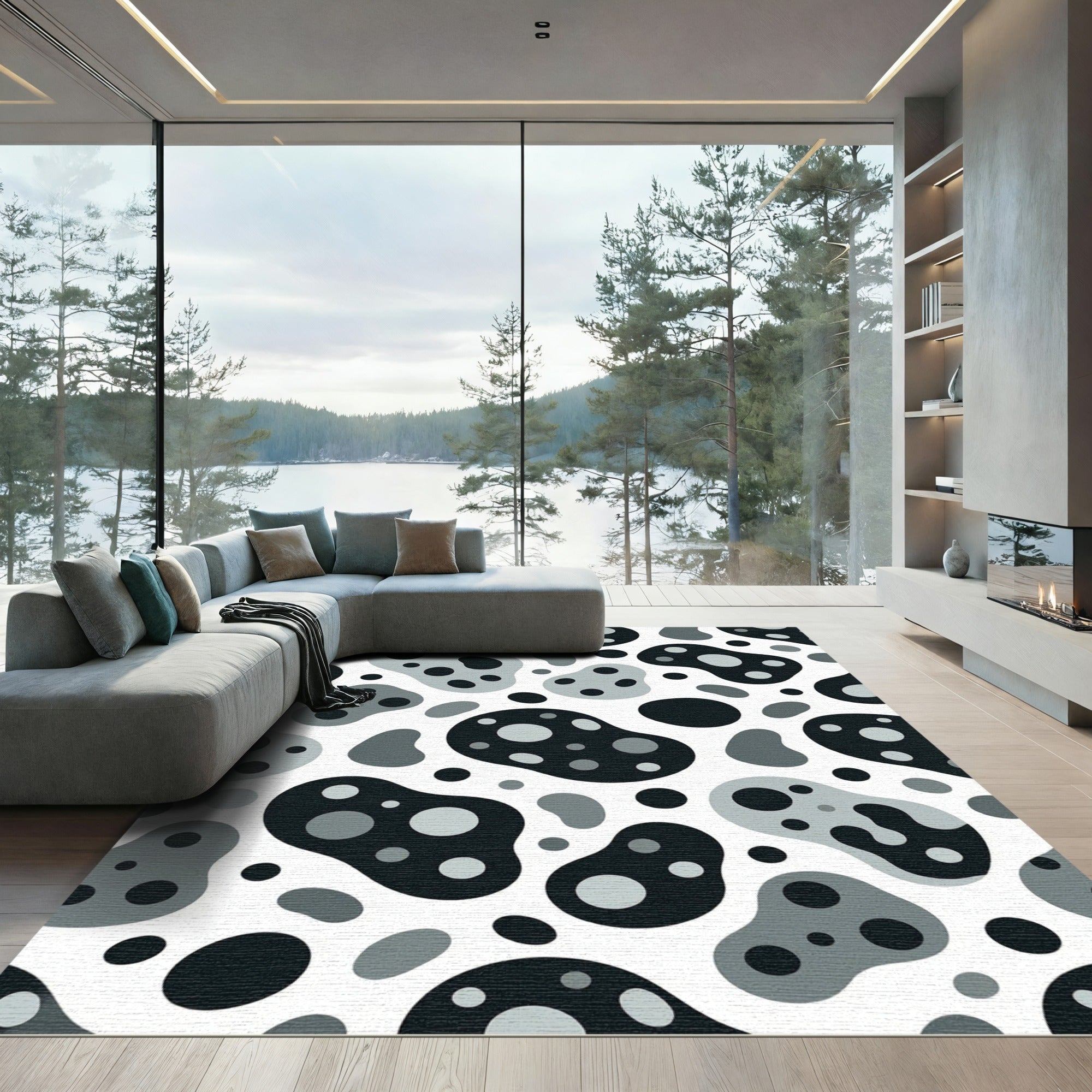 Monochrome Abstract Organic Polka Dot Rug
