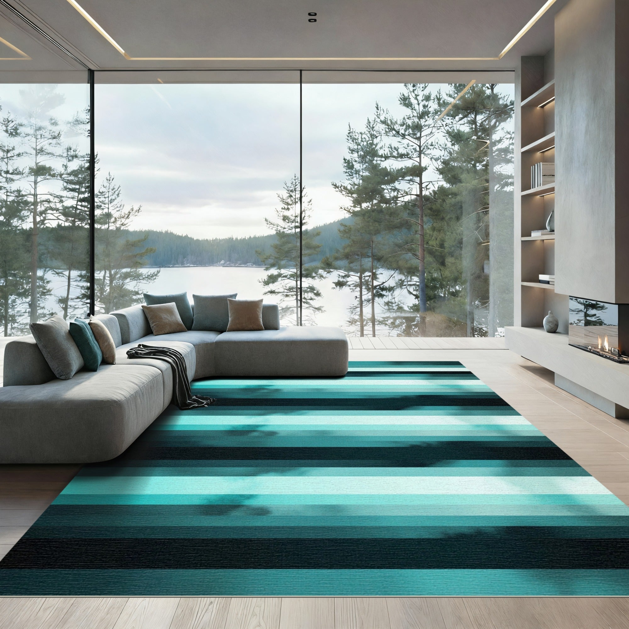 Teal Aqua Horizontal Stripe Gradient Rug