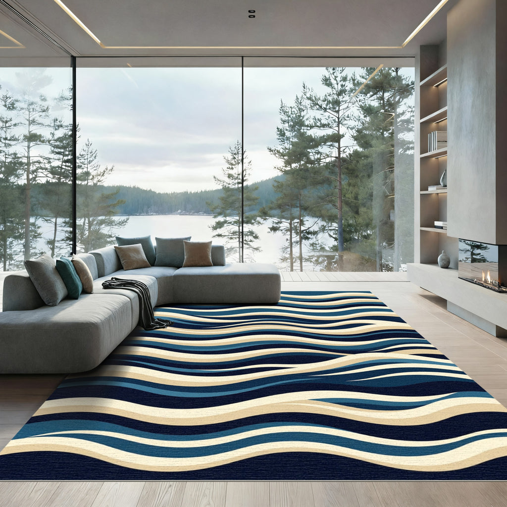 Modern Navy and Cream Abstract Waves Rug