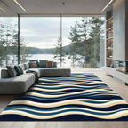 Modern Navy and Cream Abstract Waves Rug