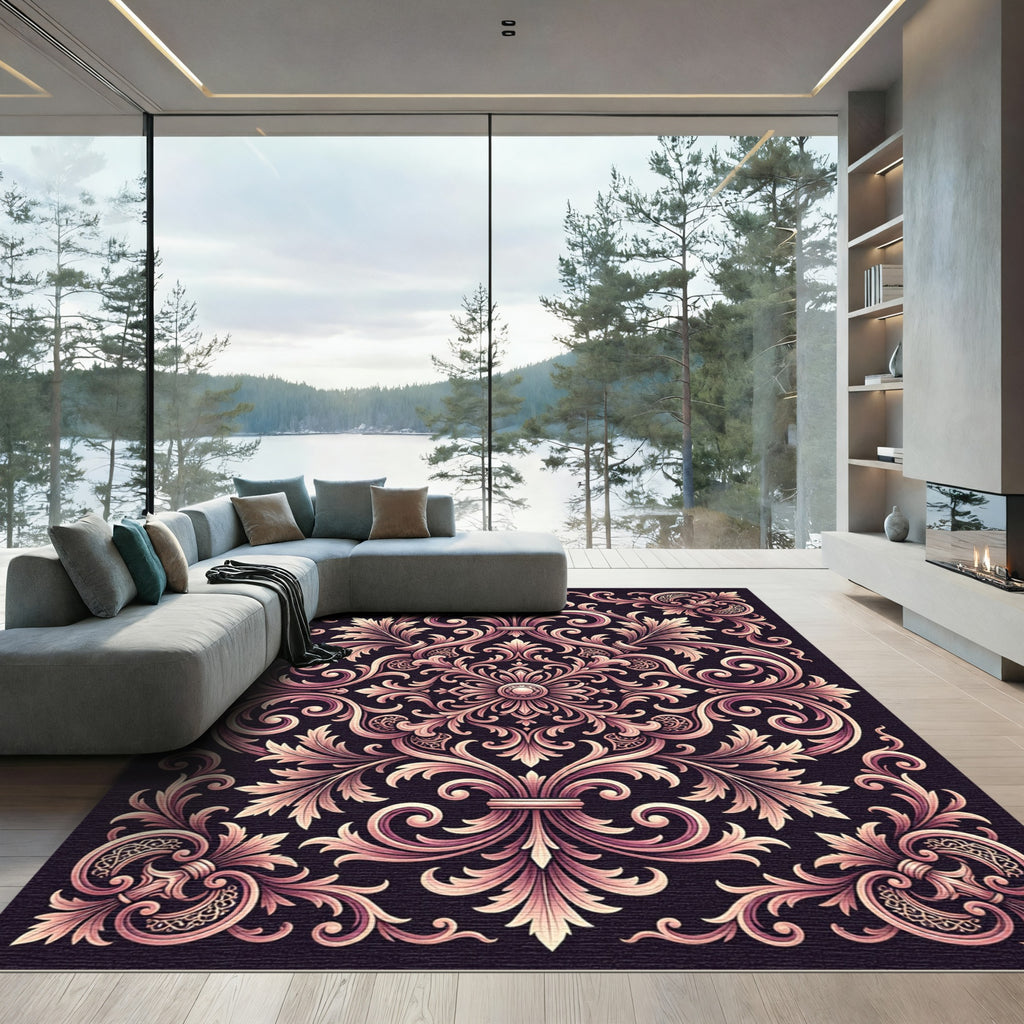 Ornate Rose Gold Scrollwork Medallion Rug