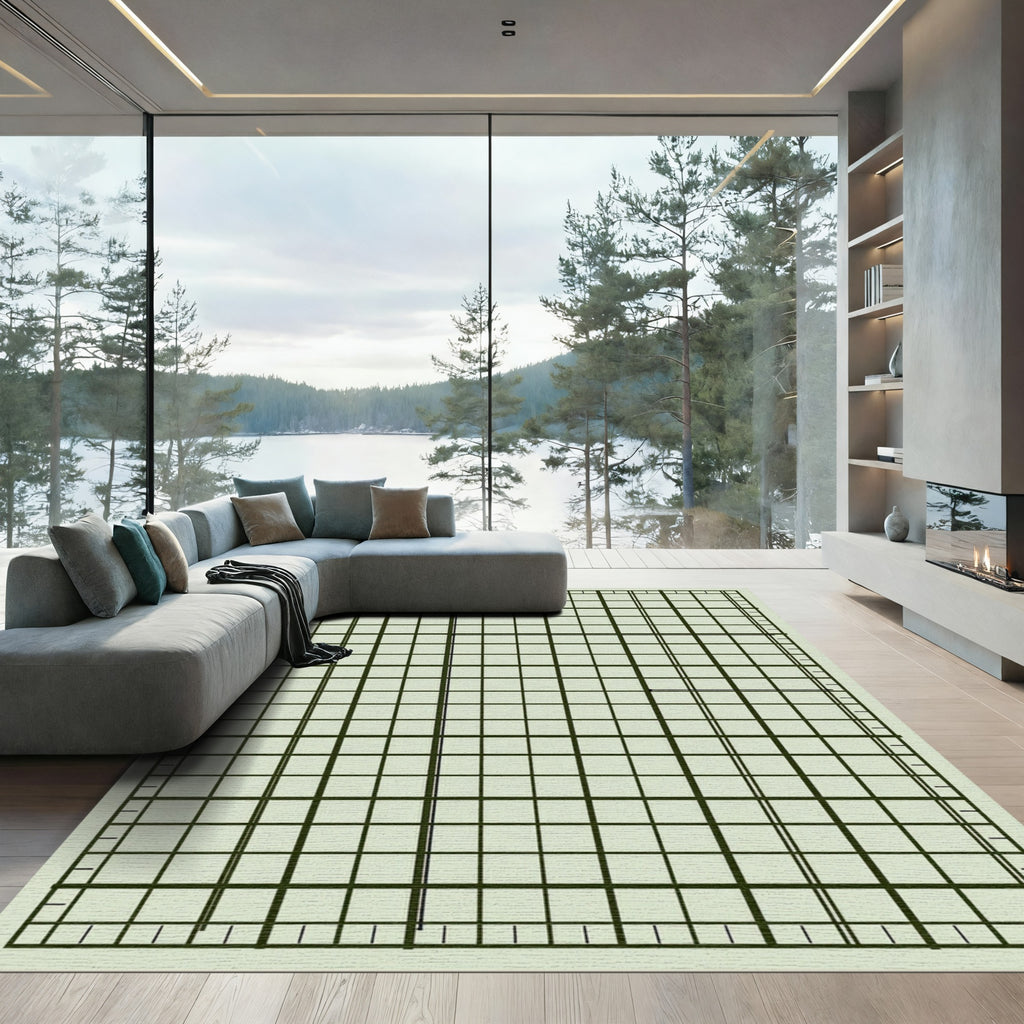 Linear Grid Contemporary Green Beige Rug