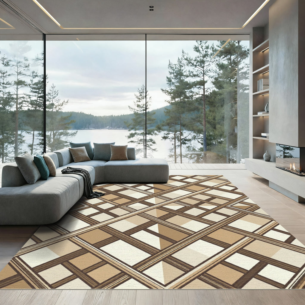 Sophisticated Beige Lattice Grid Check Rug
