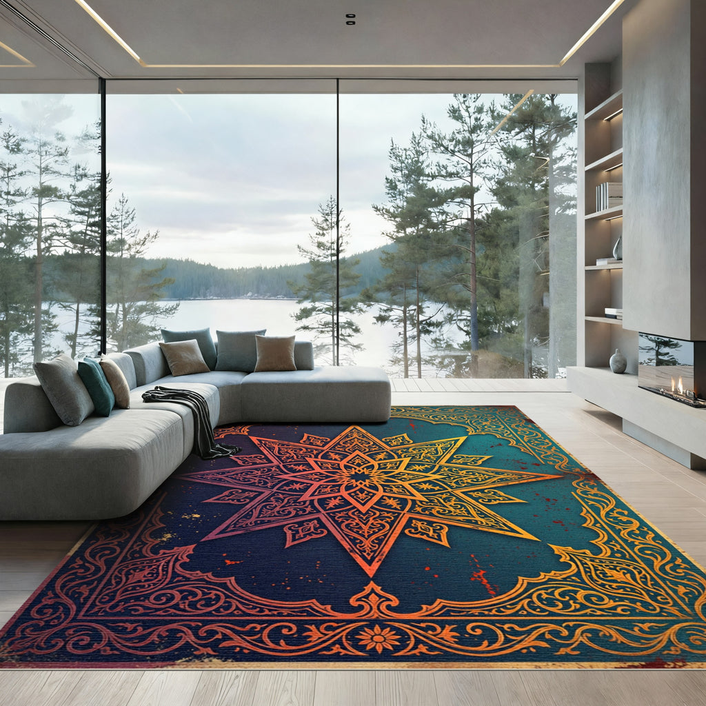 Gilded Octagram Mandala Deep Teal Ornate Rug