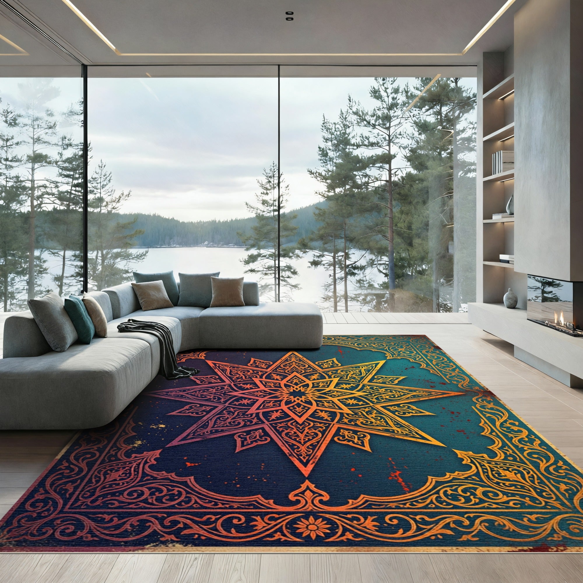 Gilded Octagram Mandala Deep Teal Ornate Rug