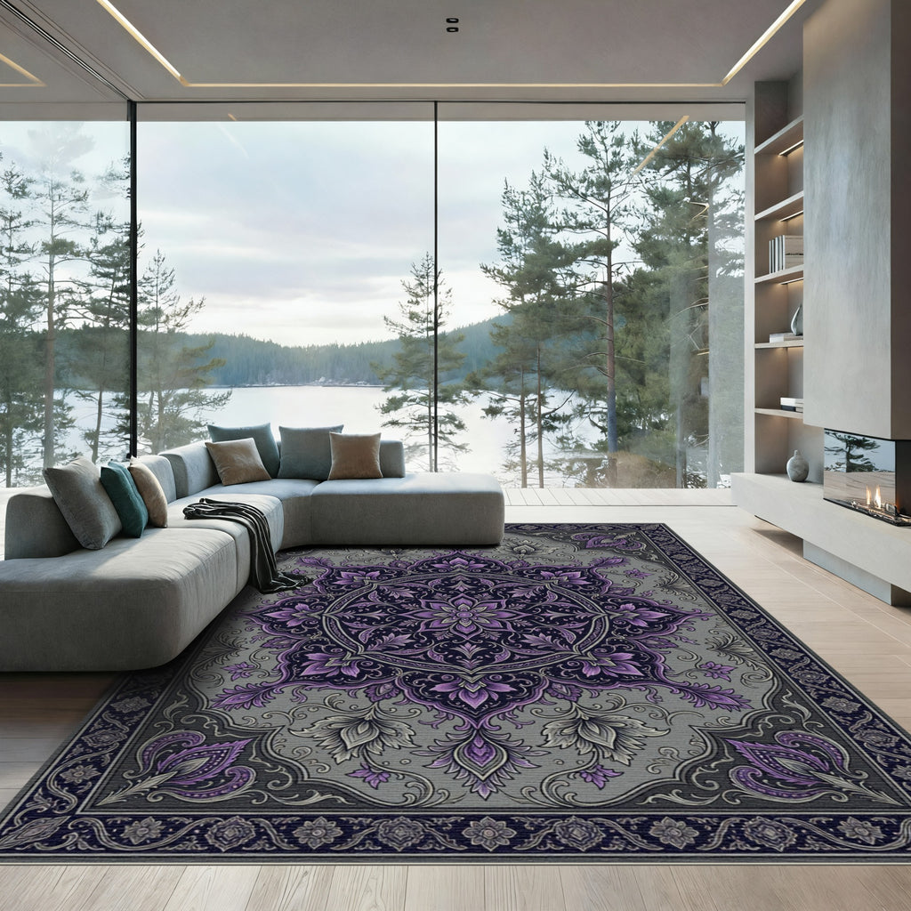 Elegant Violet Floral Medallion Charcoal Tapestry Rug