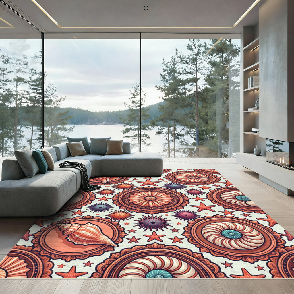 Terracotta Seashell Medallion Star Coastal Art Rug