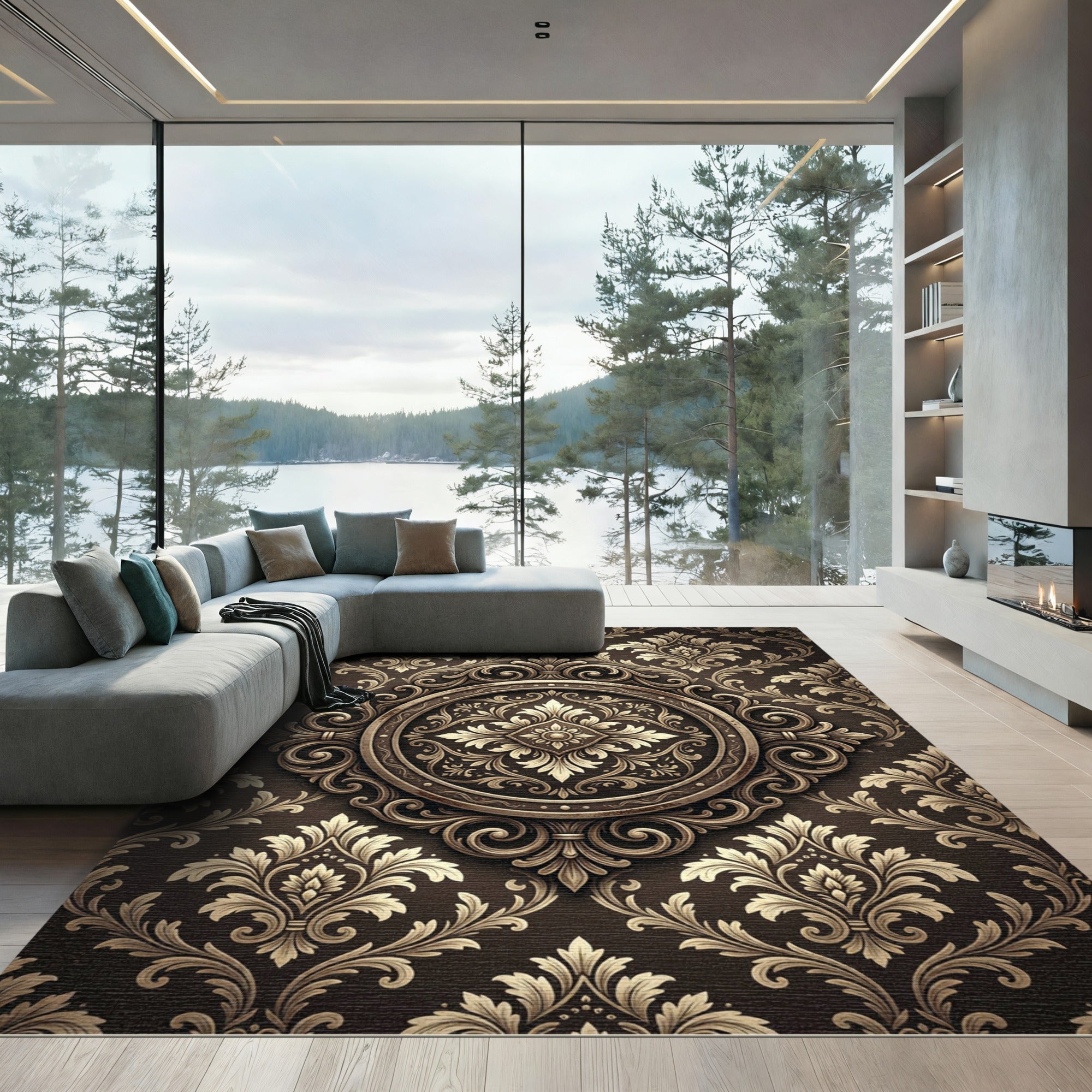 Antique Bronze Damask Scrollwork Rug