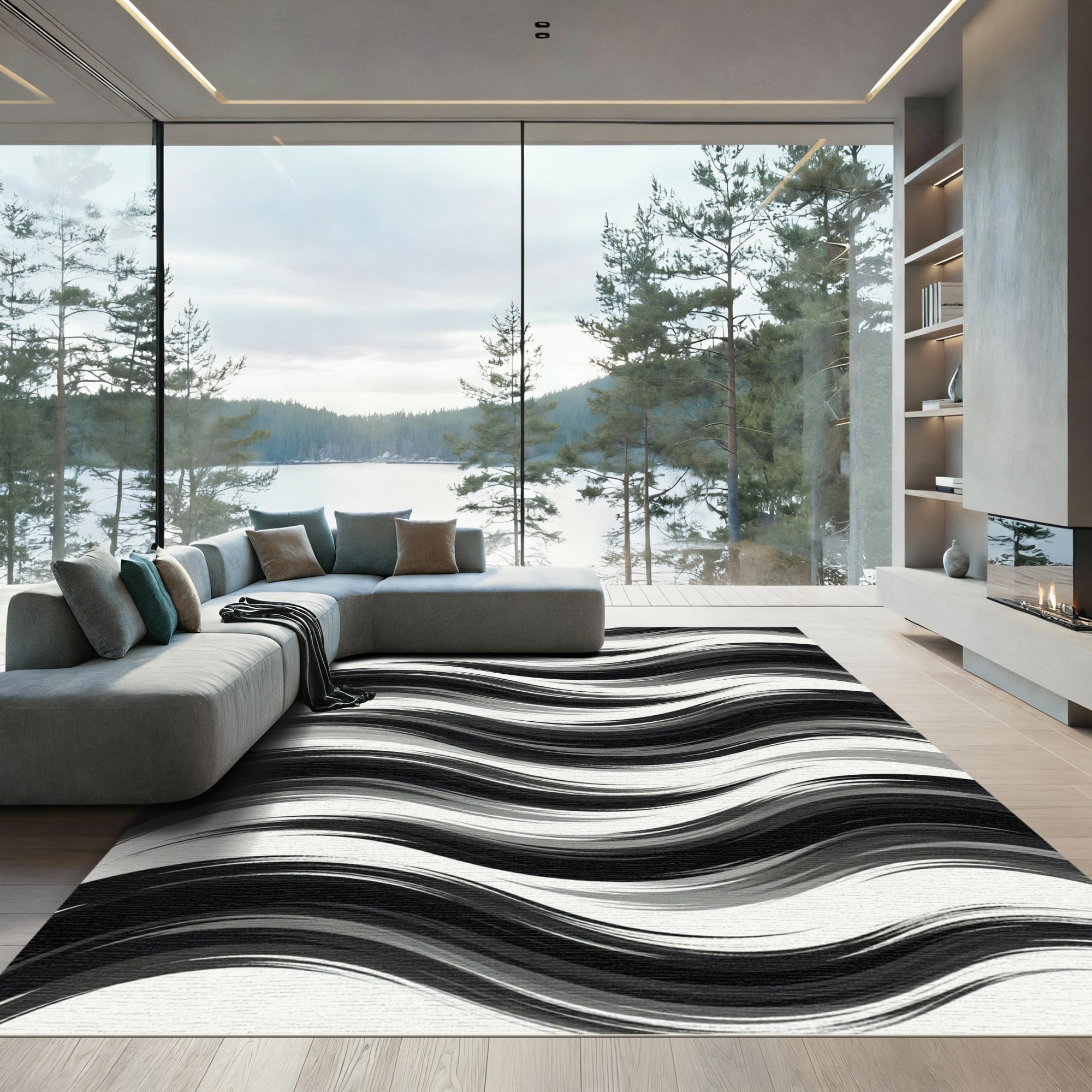 Monochrome Abstract Wavy Striped Art Rug