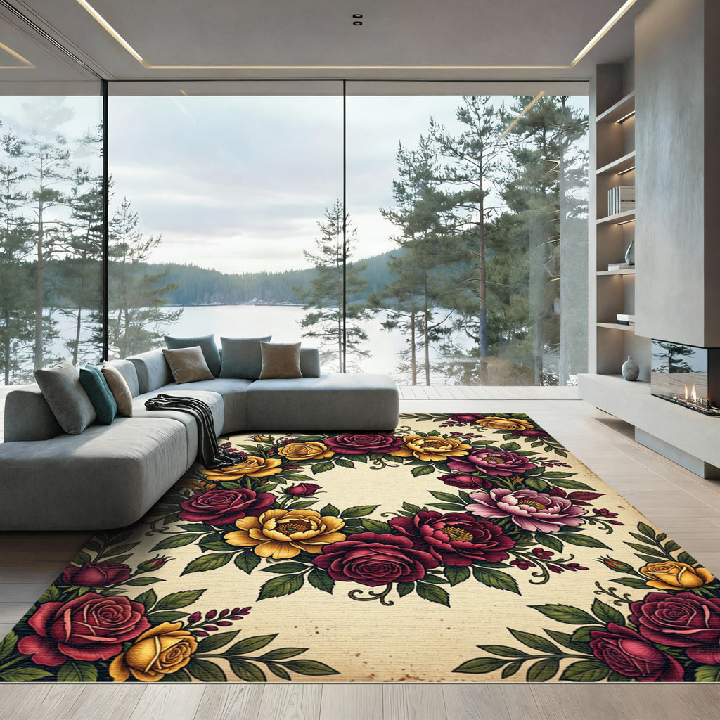 Lush Crimson and Gold Floral Wreath Rug