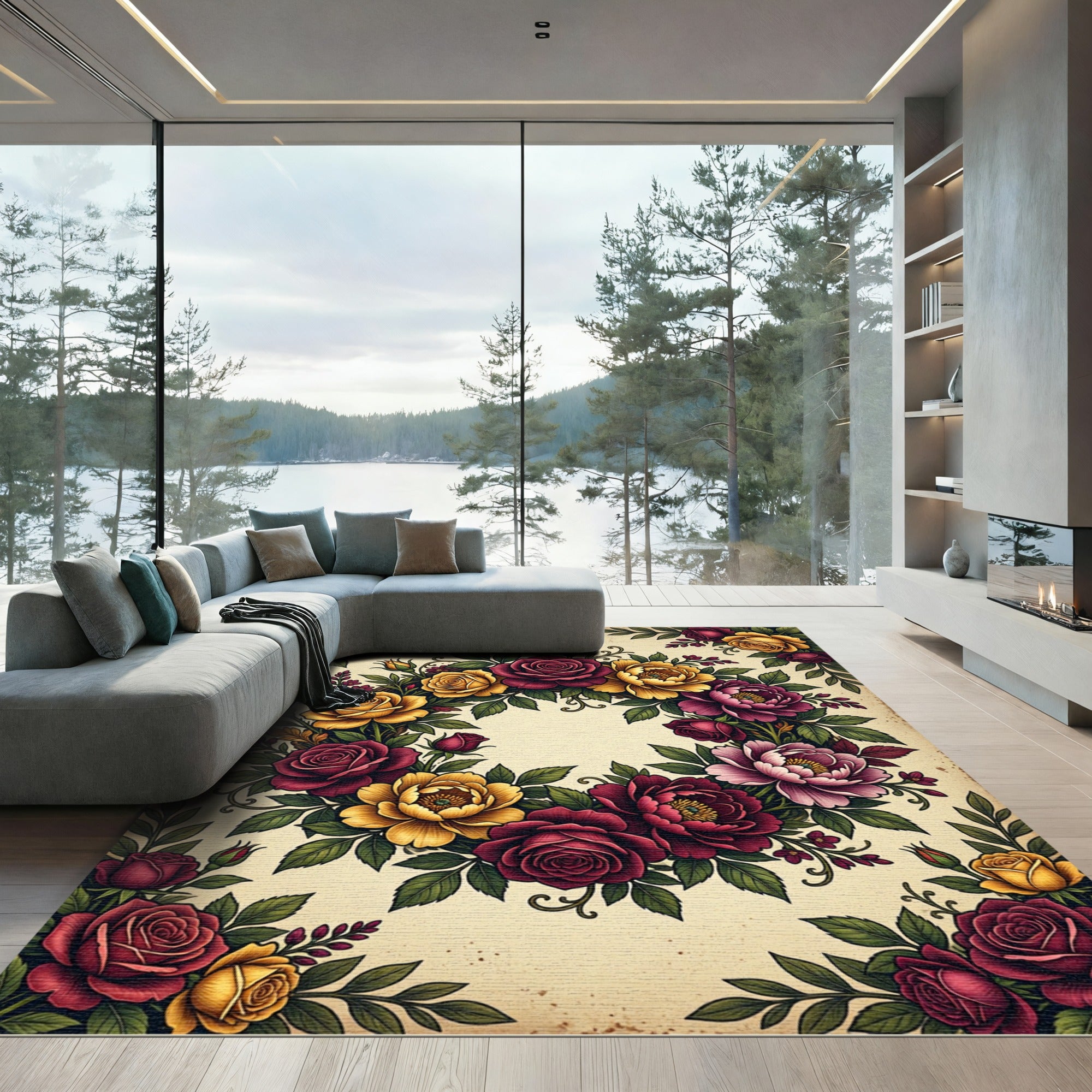 Lush Crimson and Gold Floral Wreath Rug