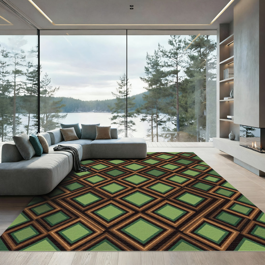 Elegant Olive Green Geometric Diamond Rug