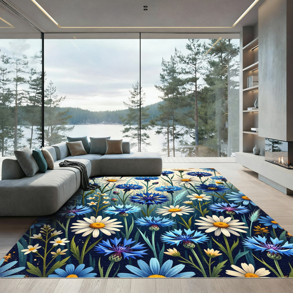 Wildflowers Meadow Blue Floral Botanical Rug