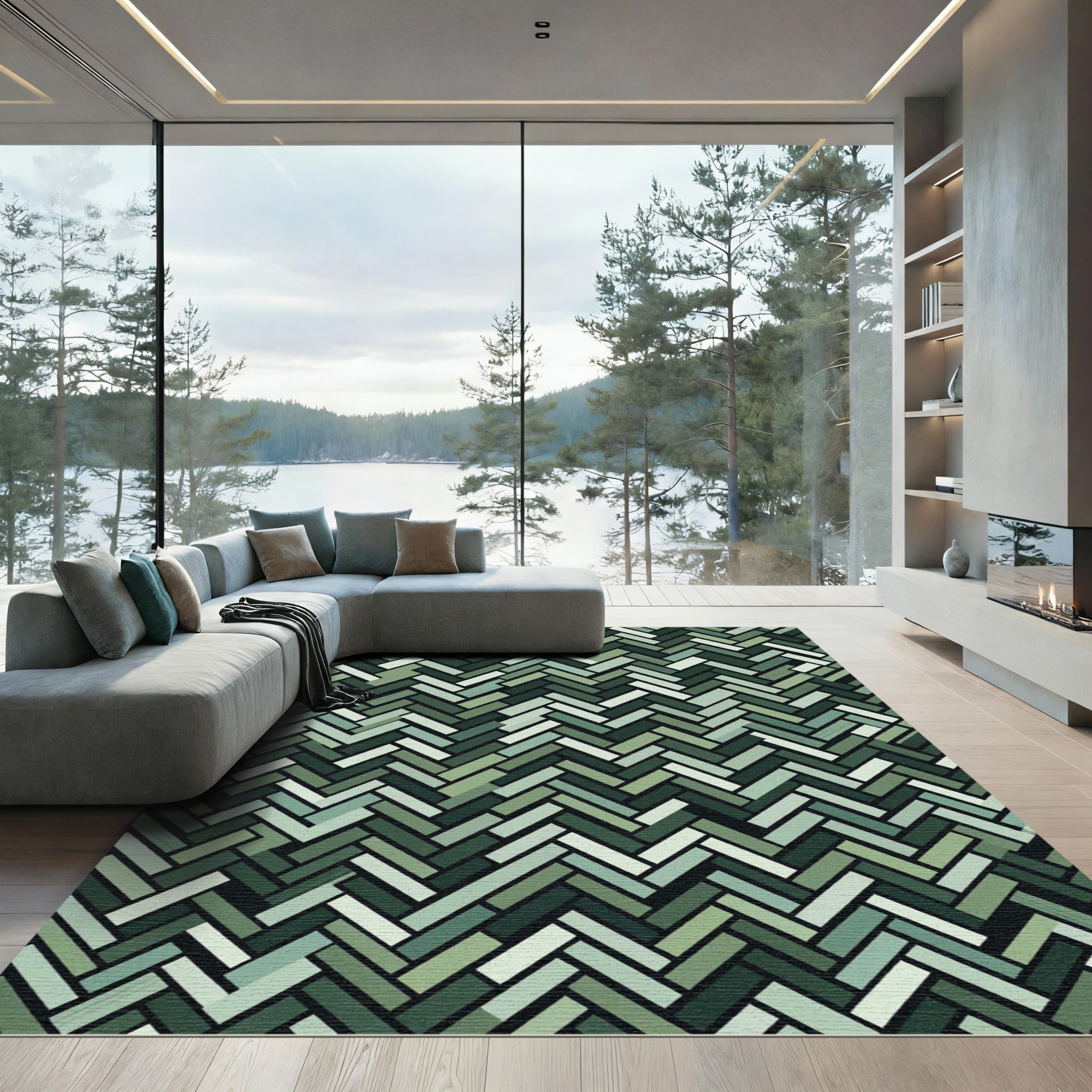 Green Herringbone Textured Layered Rug