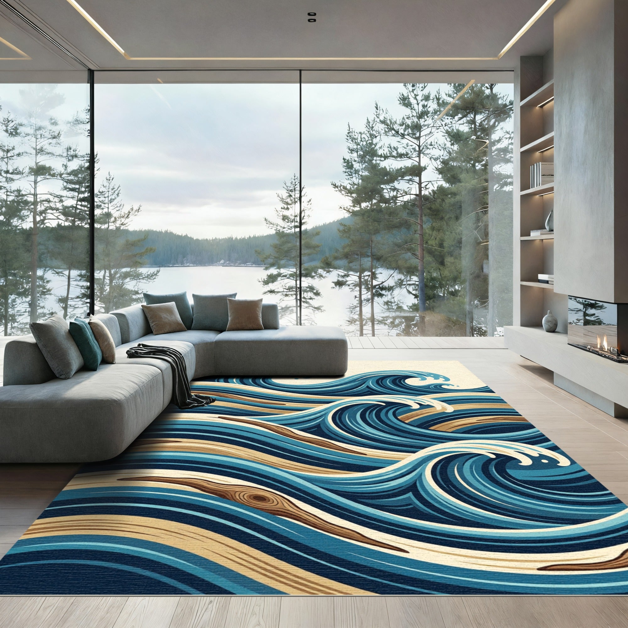 Japanese Wave Wood Grain Blue Art Rug