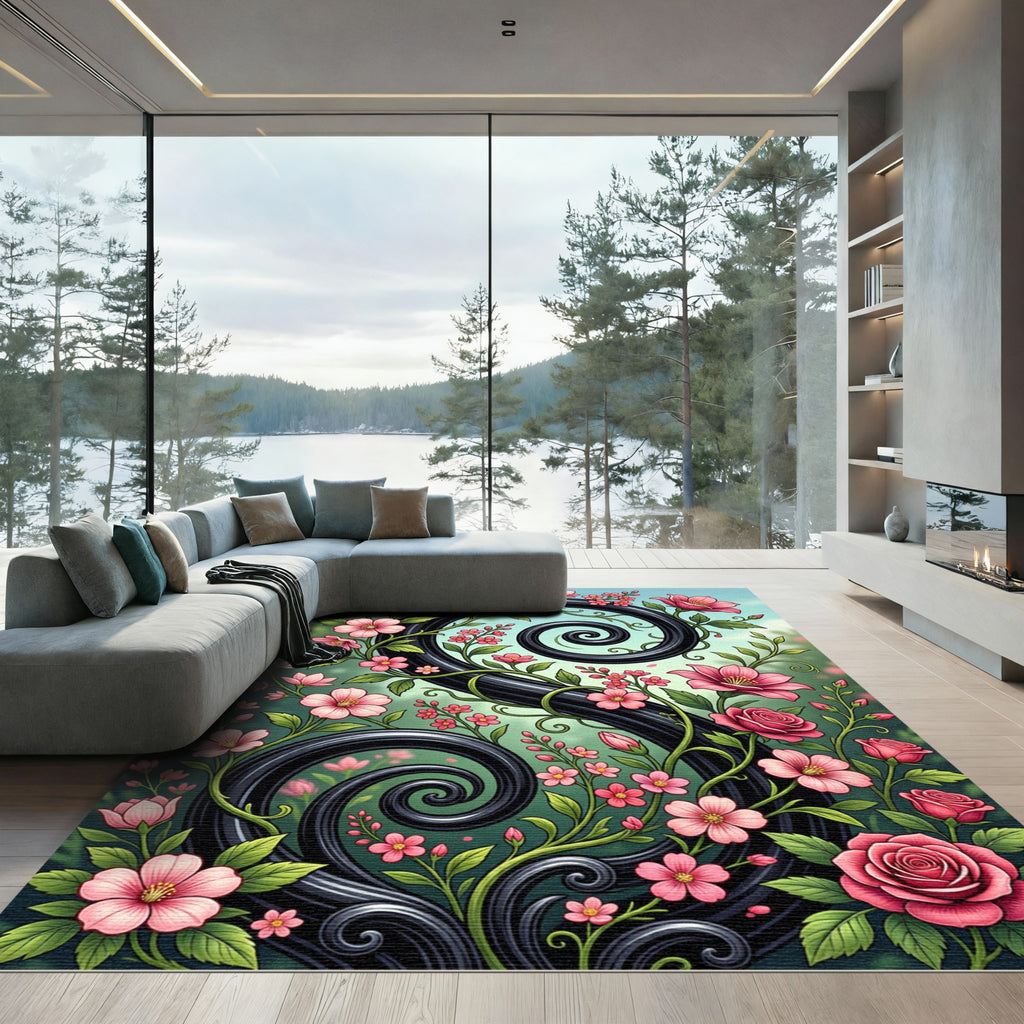 Elegant Black Swirl Pink Floral Scroll Rug