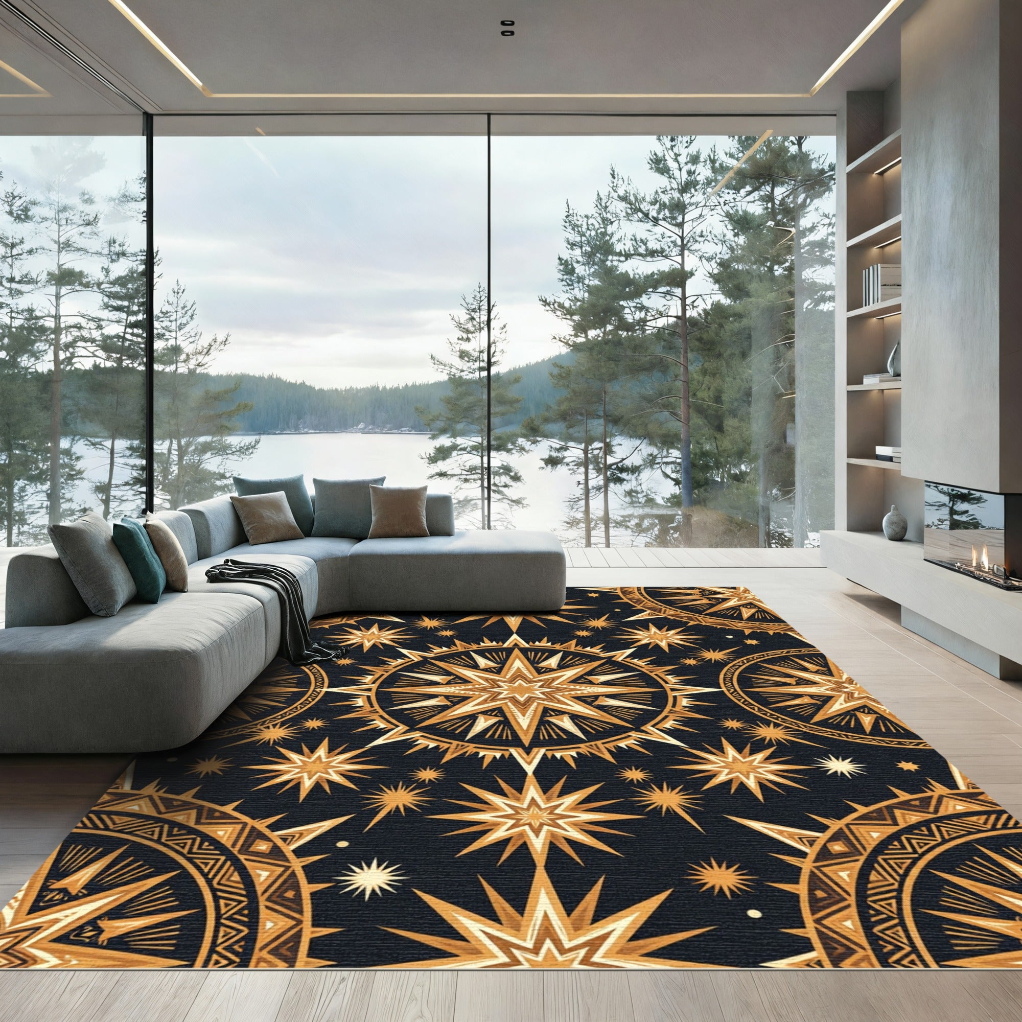 Celestial Golden Starburst Geometric Black Rug