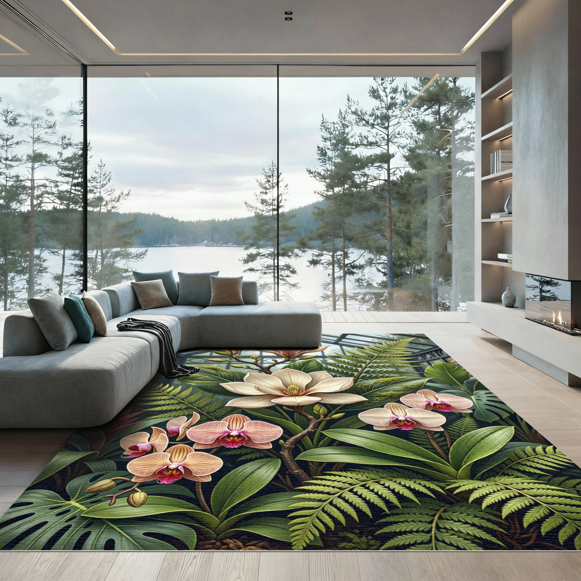 Lush Tropical Orchid Magnolia Fern Garden Rug
