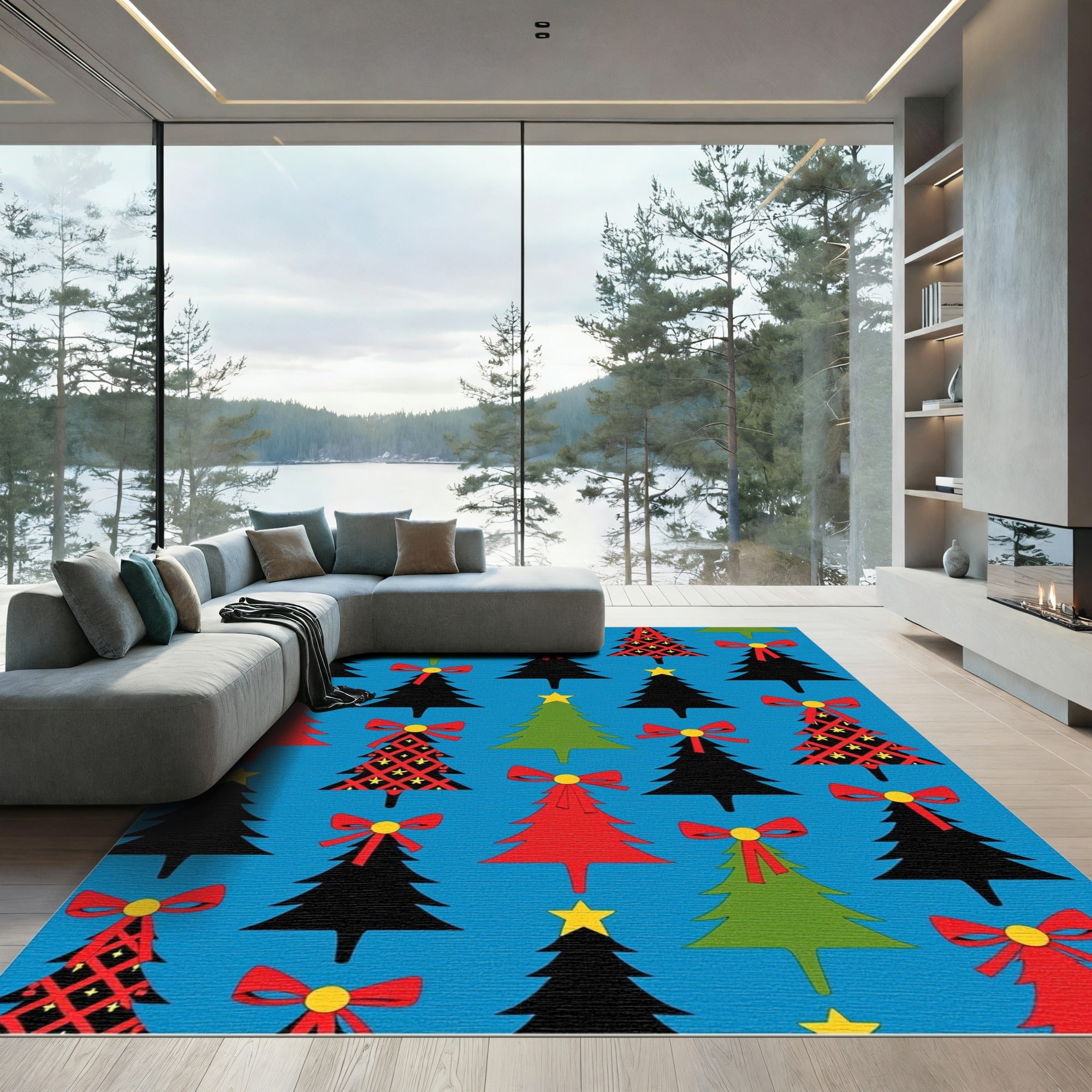 Red Green Black Festive Trees Bows Rug